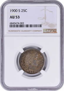 1900-S Barber Silver Quarter Au53 Ngc: Certification: NGC Circulated/Uncirculated: Circulated Km Number: 114 Year: 1900 Mint Location: S Grade: AU Composition: Silver Denomination: 25C Coin: Barber Product Disclaimer: Grades are third-part