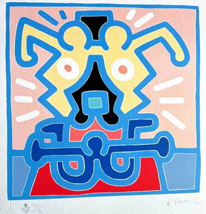 Keith Haring Lithograph From A Painting / Coa Signed In Pen / Numbered In Pencil: Keith Haring Lithograph Certified Signed Numbered (In 180) Keith Haring " without title " Chromolithograph printed in 1989 in 180 copies by Atlantis Verlag, Freiburg 32 x32 cm Keith Haring signature o