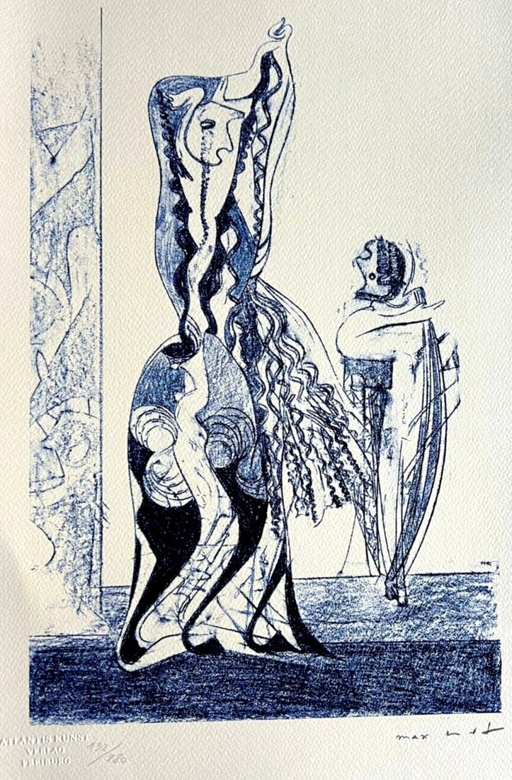 Max Ernst Lithograph Coa Signed Op Numbered By Hand (180 Ex): Max Ernst Lithograph Signed COA Hand Numbered (180 Ex) Max Ernst " Dancer " Chromolithography printed in 1978 in 180 specimens by Atlantis Verlag, Freiburg 30 x 46 cm Max Ernst signature on the slab D
