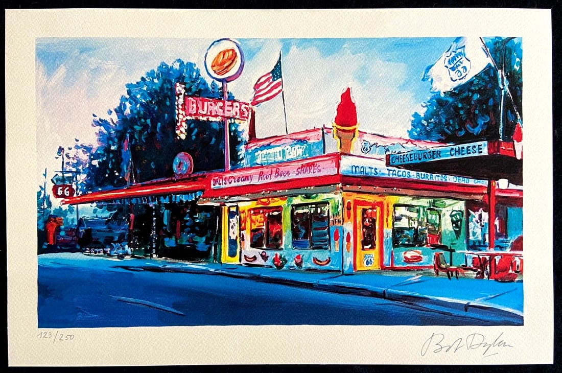 Bob Dylan Lithograph "Route 66" Signed Coa Numbered Art Museum: BOB DYLAN ''Burger joint, Route 66 " 'Retrospectrum' traveling exhibition, Tulsa, Shanghai, Miami, Rome 30 x 46 cm 250 copies n hand-humed. Bob Dylan signature printed in lithograph on the plate Moder