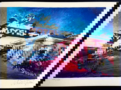 Bob Dylan, "Blue Swallow Motel: Route 66" Coa Numbered Signed Op: BOB DYLAN ''Blue Swallow Motel: Route 66 " 250 copies n hand-humed 30 x 41 cm Bob Dylan signature printed in lithograph on the plate Modern Art Museum, Shanghai Bob Dylan took inspiration from the peo