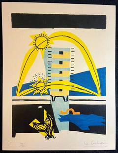 Le Corbusier Coa Lithograph Stamped Approved / Hand Numbered: Le Corbusier " Pome angle droit " Chromolithographie imprim en 1978 180 exemplaires par Atlantis Verlag, Fribourg 32 x 41 cm Signature Le Corbusier sur l'assiette Cachet en relief et authentification