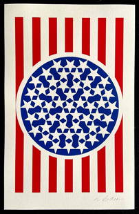 Robert Indiana Lithograph Guggenheim Museum Coa Numbered By Hand - Jasper Johns: Robert Indiana "Flag" The lithograph was printed by the Guggenheim Museum in 1998 in 225 hand-numbered copies. Robert Indiana signature on the plate. The work measures 30x47 cm Guggenheim Museum, Arti