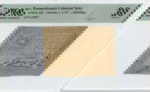 1773 October 1,  2 Shillings Pennsylvania Colonial  Pa-164 Pmg Vf30: Certification: PMG Certification Number: 2202776003 Grade: VF30 Denomination: Colonial Currency Product Disclaimer: Grades are third-party opinions; authenticity is guaranteed. Photos are part of the