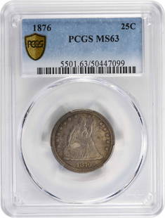 1876 Liberty Seated Silver Quarter Ms63 Pcgs: Certification: PCGS Circulated/Uncirculated: Circulated Year: 1876 Mint Location: Philadelphia Km Number: A98 Denomination: 25C Grade: MS63 Composition: 90% Silver 10% Copper Coin: Seated Liberty Desi