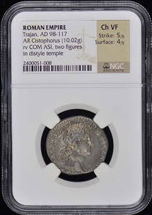 Trajan, Ad 98-117 Roman Empire Ar Cistophorus Ngc Vf30: Certification: NGC Grade: VF30 Certification Number: 2400051008 Denomination: Ancient Roman Date: NONE Product Disclaimer: Grades are third-party opinions; authenticity is guaranteed. Photos are part