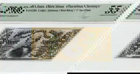Third Issue 50 Cents Fractional Currency 1 On Front Fr# 1326 Pmg Au55 Epq: Certification: PMG Certification Number: 1963130008 Grade: AU55 Circulated/Uncirculated: Circulated Denomination: Fractional Note Type: 1326 Product Disclaimer: Grades are third-party opinions; authen