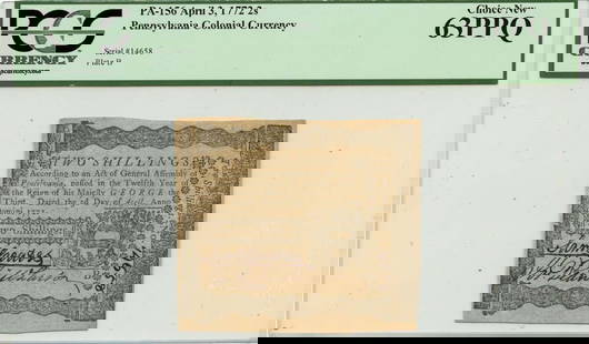 1772 April 3 2 Shillings Pennsylvania Colonial Pa-156 Pcgs Ch63 Ppq: Certification: PCGS Currency Certification Number: 80617808 Grade: MS63 Circulated/Uncirculated: Uncirculated Denomination: Colonial Currency Type: PA-156 Product Disclaimer: Grades are third-party op