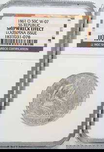 1861 O Seated Liberty Half Dollar 50C Ngc Louisiana W-07 Shipwreck Effect (078): Certification: NGC Composition: Silver Grade: SHIPWRECK EFFECT Year: 1861 Circulated/Uncirculated: Unknown Strike Type: No Grade Mint Location: NEW ORLEANS Km Number: Unknown Certification Number: 183