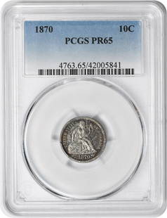1870 Liberty Seated Silver Dime Pr65 Pcgs: Certification: PCGS Circulated/Uncirculated: Uncirculated Year: 1870 Mint Location: Philadelphia Strike Type: Proof Km Number: 92 Denomination: 10C Grade: PR65 Composition: 90% Silver 10% Copper Coin: