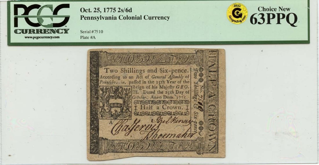 1775 Oct 25 2S 6D Pennsylvania Colonial Pcgs Ch63 Ppq Gcc Gold (1 of 2)