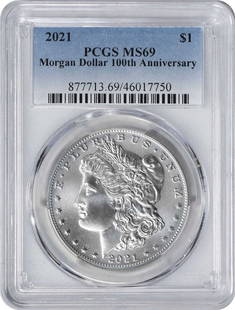 2021 Morgan Silver Dollar Ms69 Pcgs: Certification: PCGS Circulated/Uncirculated: Uncirculated Year: 2021 Composition: 99.9% Silver Mint Location: Philadelphia Km Number: 110 Denomination: $1 Grade: MS69 Coin: Morgan Designer: George T.
