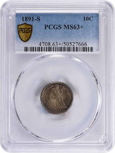1891-S Liberty Seated Silver Dime Ms63+ Pcgs: Certification: PCGS Circulated/Uncirculated: Uncirculated Year: 1891 Mint Location: San Francisco Km Number: A92 Denomination: 10C Grade: MS63 Composition: 90% Silver 10% Copper Coin: Seated Liberty D