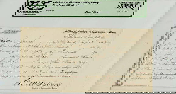 Union Army Commutation Money Receipt Aug 22 1864 Pcgs Au58 Ppq: Certification: PCGS Currency Certification Number: 80479808 Grade: AU58 Circulated/Uncirculated: Circulated Denomination: Confederate Note Product Disclaimer: Grades are third-party opinions; authenti