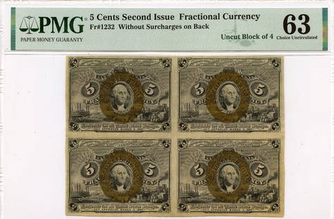 Second Issue 5 Cents Fractional Without Surcharges Block Of 4 Fr# 1232 Pmg Cu63: Certification: PMG Certification Number: 2022589003 Grade: MS63 Circulated/Uncirculated: Uncirculated Denomination: Fractional Note Type: 1232 Product Disclaimer: Grades are third-party opinions; auth