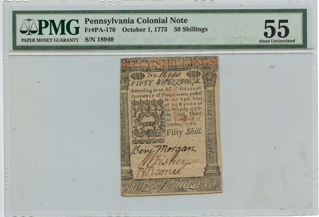 1773 October 1 50 Shillings Pennsylvania Colonial Note Pa-170 Pmg Au55 (1 of 1)