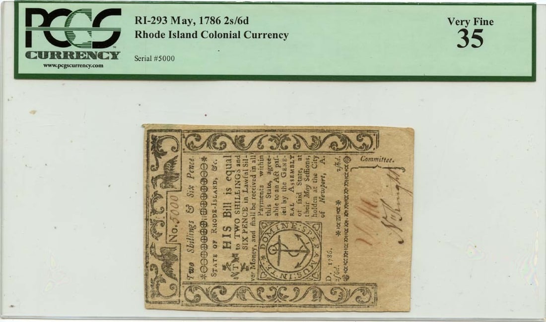 1786 May 2S/6D Rhode Island Colonial Ri-293 Pcgs Vf35 (1 of 1)