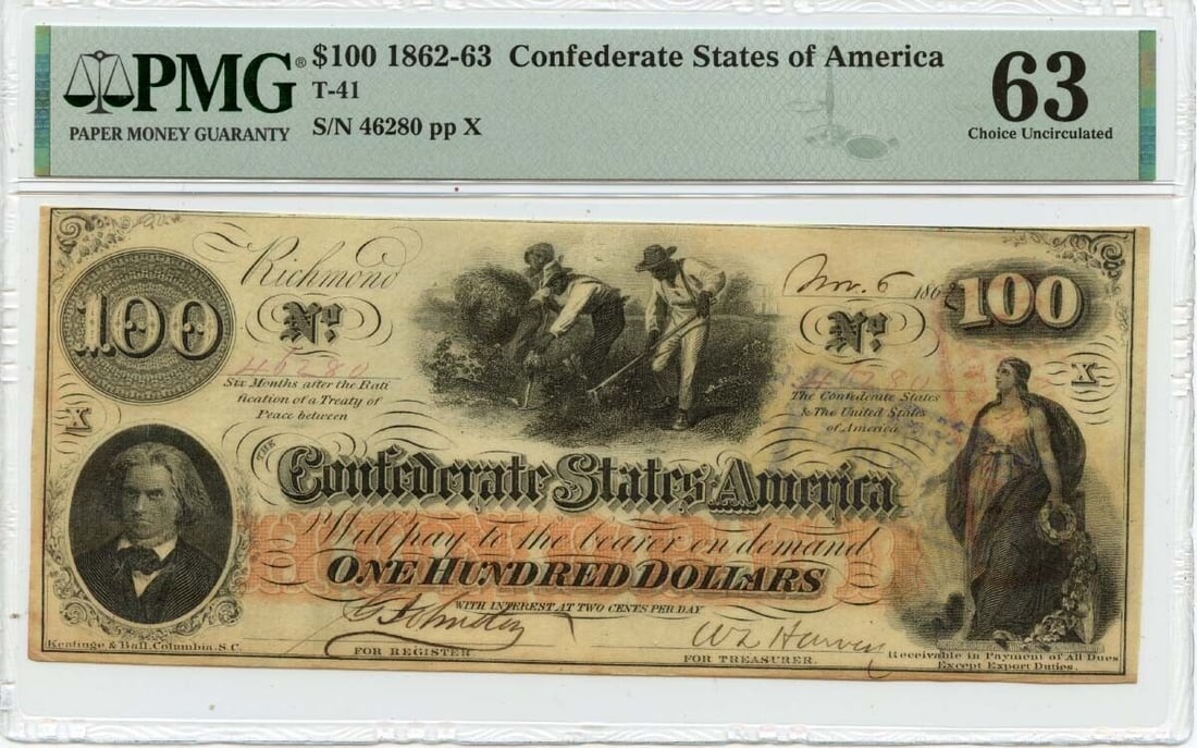 1862-63 $100 Confederate States Of America T-41 Pmg Ch63 (1 of 1)