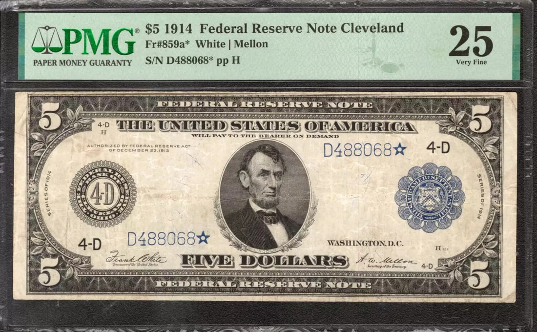 1914 $5 Federal Reserve Star Note Cleveland Fr. 859* Pmg Vf 25 Very Fine (068*) (1 of 2)