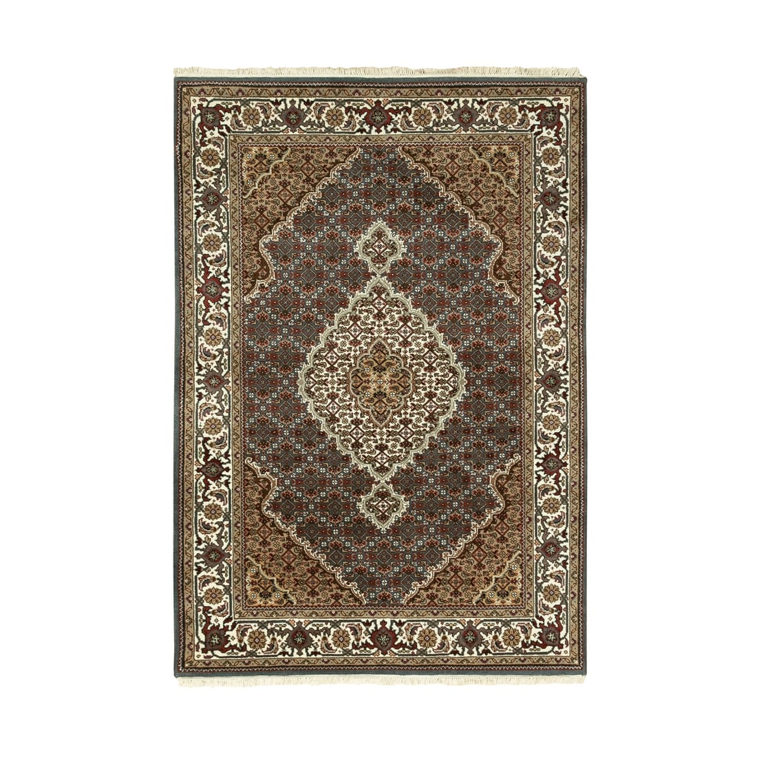 4'1"X6' Black Hand Knotted Wool And Silk Tebraz Mahi Fish Design Rug: Type: Indoor Material: Wool & Silk Color: Black Item Length: 72 Item Width: 49 Style: Oriental Rug Type: Hand Knotted Pile: Wool & Silk Shape: Rectangular Field Color: Black Size: 4"1" x 6"0" Age: 200