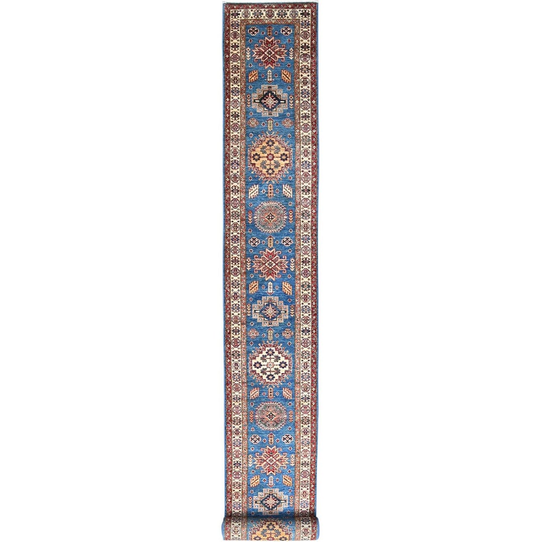 2'6"X33'6" Blue Soft Wool Hand Knotted Afghan Super Kazak Xl Runner Rug: Type: Indoor Material: Wool Color: Blue Item Length: 402 Item Width: 30 Style: Kazak Rug Type: Hand Knotted Pile: Wool Shape: Runner Field Color: Blue Size: 2"6" x 33"6" / 76 CM X 1021 CM Age: 2000-No