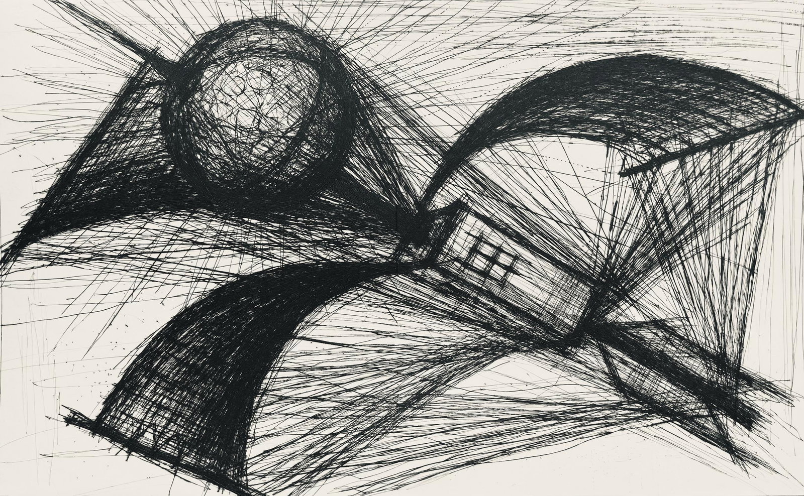 Bernard Buffet, Composition (Reinz 208-222), Voyages Fantastiques, Etching: Drypoint etching on papier de Rives B.F.K. pur fil paper. Paper size: 16.125 x 25.75 inches. Excellent condition, with centerfold, as issued. Unsigned and unnumbered, as issued. Notes: From the folio,