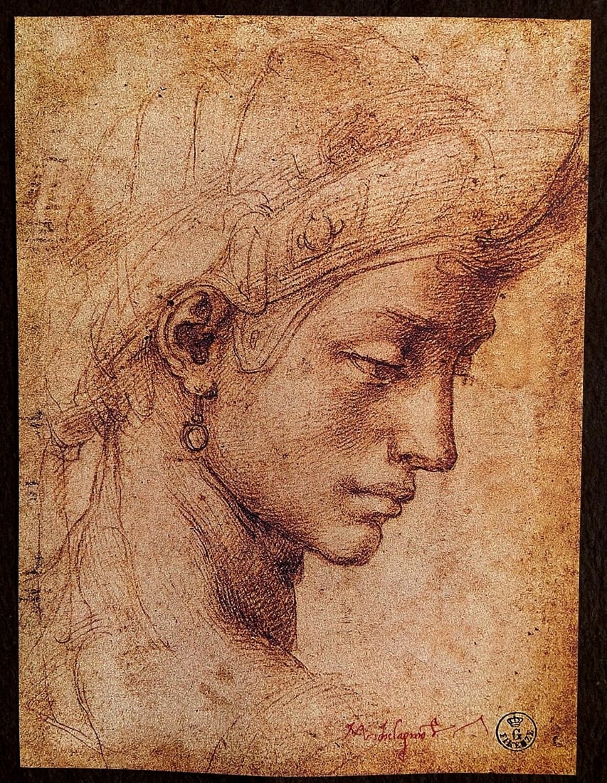 Michelangelo Buonarroti Lithograph 1968 (Le Corbusier - Edvard Munch): Michelangelo Buonarroti ''Female Head'' Work from an drawing by the master Michelangelo Buonarroti, printed by the Vatican polyglot typography in April 1968. Signature of Master Michelangelo on the pl