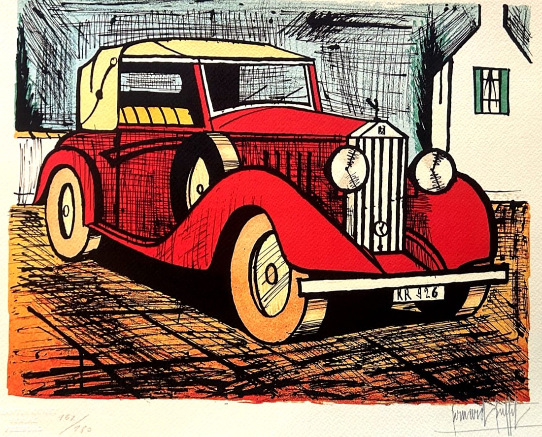 Bernard Buffet 'Rolls Royce' Certified Lithograph Coa Signed Op Numbered: Bernard Buffet' Rolls Royce 'Lithograph Certified COA Signed op Numbered Bernard Buffet "Rolls-Royce" Chromolithography printed in 1986 in 180 specimens by Atlantis Verlag, Freiburg 32 x 40 cm Signatu