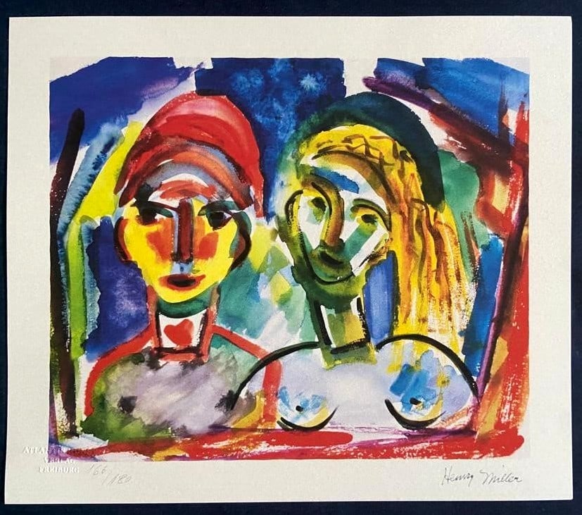 Henry Miller Lithograph 180Ex Coa Numbered Stamp (Marcel Duchamp): Henry Miller " Portrait of a couple " Chromolithograph printed in 1978 and reproduced in 180 copies by Atlantis Verlag, Freiburg 30 x 35 cm Signature Henry Miller on the plate Embossed stamp and authe