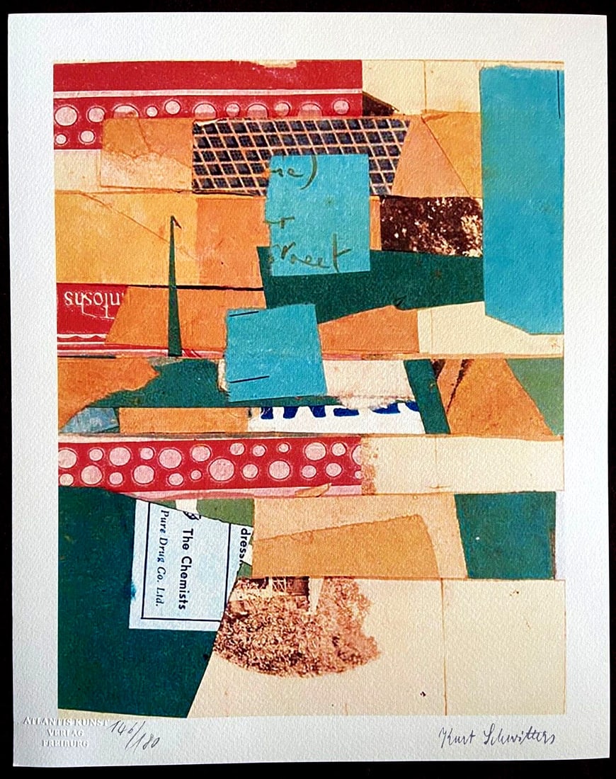 Kurt Schwitters Lithograph Coa (Piet Mondrian Marcel Duchamp): Kurt Schwitters " Via Mz x 21 " Chromolithograph printed in 1980 in 180 copies by Atlantis Verlag, Freiburg 32 x 40 cm Signature Kurt Schwitters on the plate Embossed stamp and authentication by the p