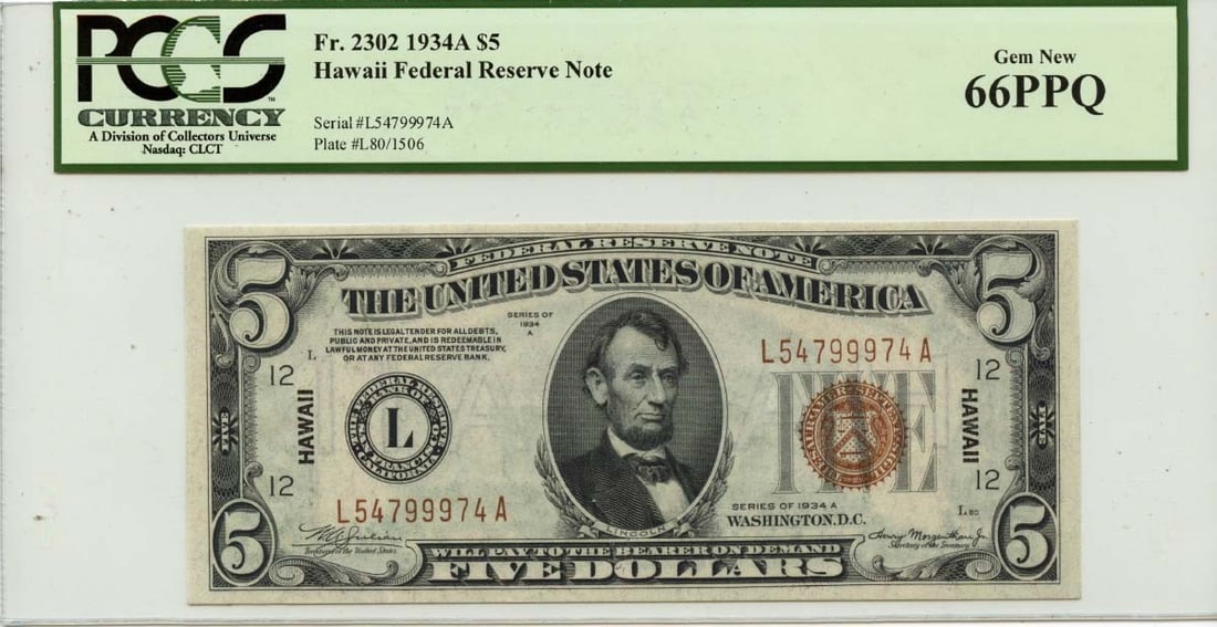 1934A $5 Hawaii Federal Reserve Notefr#2302 Pcgs Gem66 Ppq: Circulated/Uncirculated: Uncirculated Denomination: $1 Year: 1934 Grade: MS66 Certification: PCGS Currency Grade Designation: PPQ Certification Number: 80243389 Product Disclaimer: Grades are third-pa