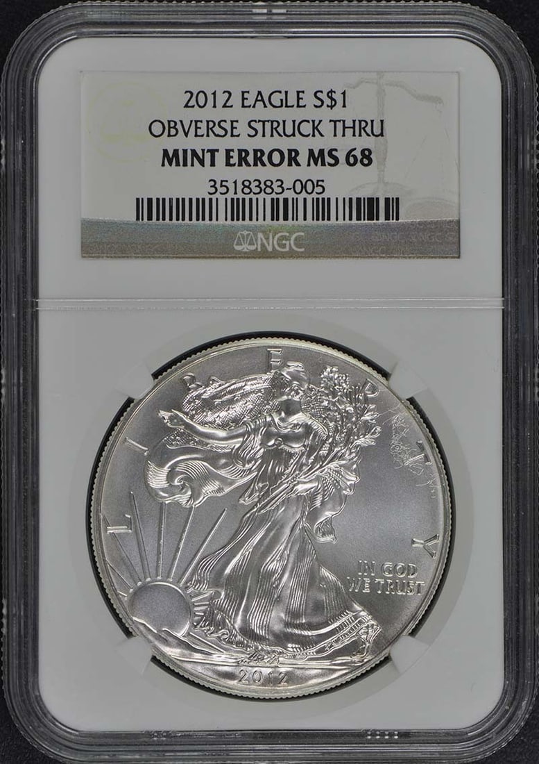2012 $1 Silver Eagle Mint Error Obverse Struck Thru Ngc Ms68 (1 of 3)