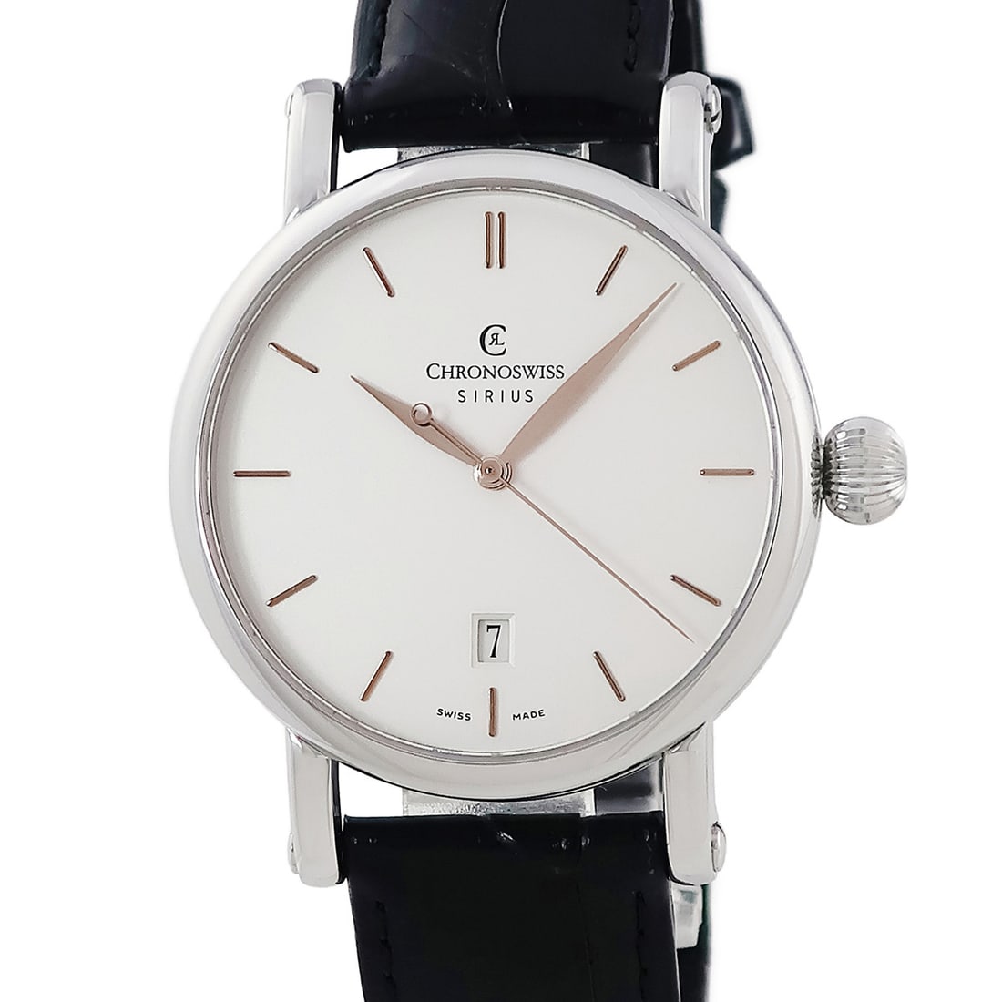Chronoswiss Sirius Automatic Ch2893: Type: Wristwatch Customized: Yes Style: watches Features: calendar Movement: Automatic Dial Color: white Band Color: black Display: Analog Case Material: stainless steel Case Size: 40mm Product Discla