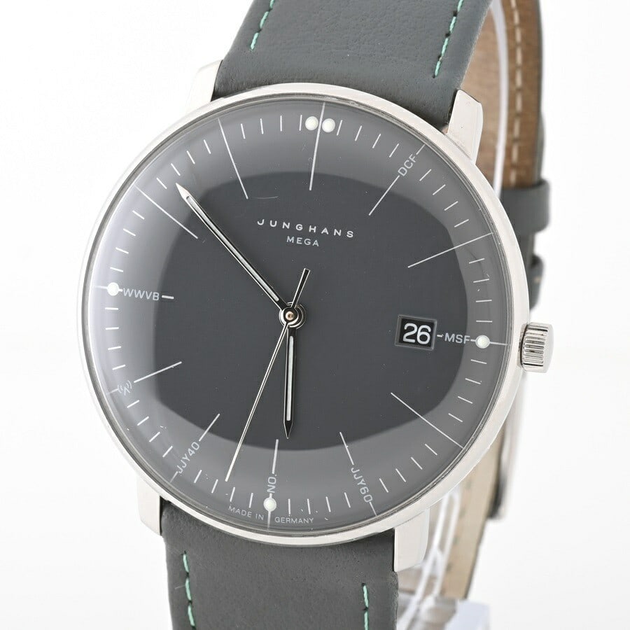 Junghans Max Bill Mega 058/4823.00 Quartz Radio-Controlled Watch: Material: SS/LEATHER Size: W: 38.0mm x H: 39.2mm x T: 10.0mm Lug: 20.0mm Type: Wrist watch Product Disclaimer: Items may exhibit light wear, such as minor scratches or slight tarnishing appropriate to
