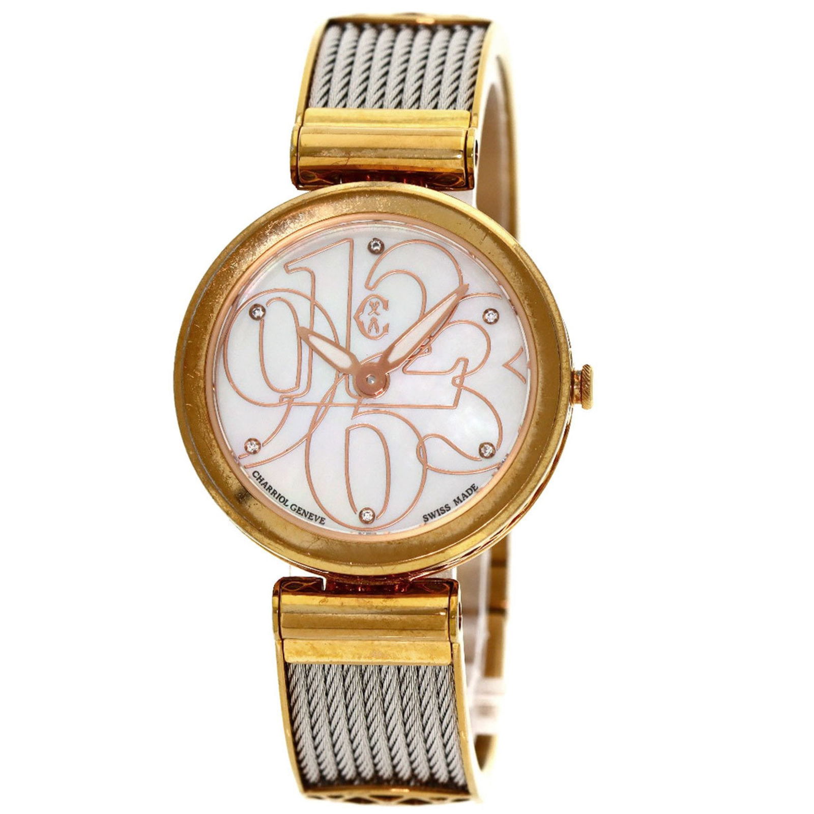 Philippe Charriol Fe32 Forever Watch Gp/Ssxgp: Brand: Philippe Charriol Type: Wristwatch Gender: Women Material (Case): Gold Plated Material (Band): Gold Plated, Stainless Steel Color (Dial): White Shell Case Diameter: 32mm / 1.26'' Case Thickness