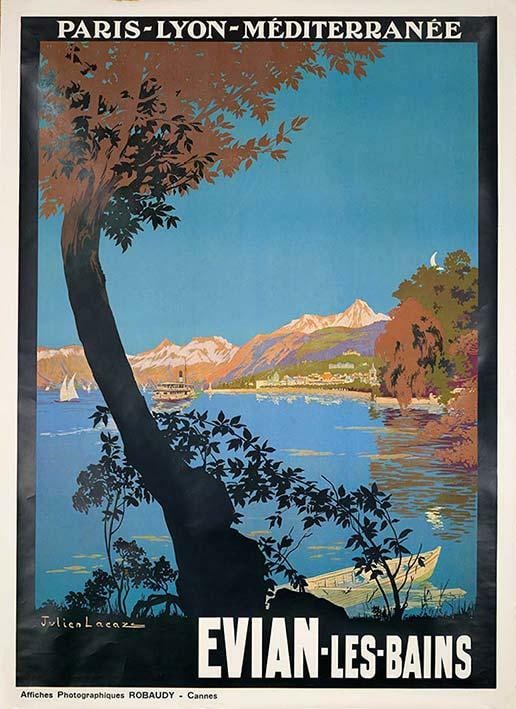 Evian Les Bains Julien Lacaze 1930 Travel Poster Views On Lac Leman Mont Blanc: Artist: Julien Lacaze Style: Art Deco Date Of Creation: 1900-1949 Year Of Production: 1925 Width (Inches): 30 Color: Blue Subject: Travel Original/Licensed Reprint: Original Height (Inches): 40 Type: