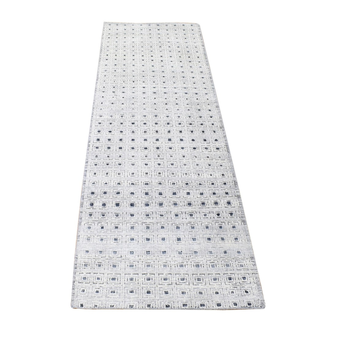 2'8"X8'1" Ivory Modern Pure Silk With Wool Hand Knotted Runner Rug: Style: Modern Type: Indoor Material: Wool Color: Ivory Item Length: 97 Item Width: 32 Rug Type: Hand Knotted Pile: Wool & Silk Shape: Runner Field Color: Ivory Size: 2"8" x 8"1" / 81 CM X 246 CM Age:
