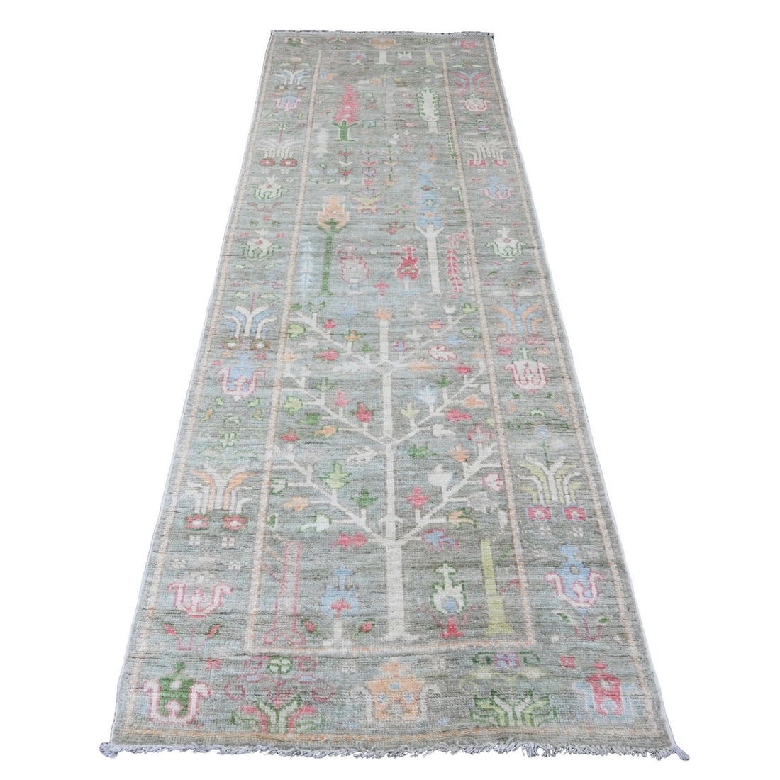 3'2"X9'9" Green Hand Knotted Angora Oushak Tree Design Wool Runner Rug: Style: Oushak Type: Indoor Material: Wool Color: Green Item Length: 117 Item Width: 38 Rug Type: Hand Knotted Pile: Wool Shape: Runner Field Color: Green Size: 3"2" x 9"9" / 97 CM X 297 CM Age: 2000-N