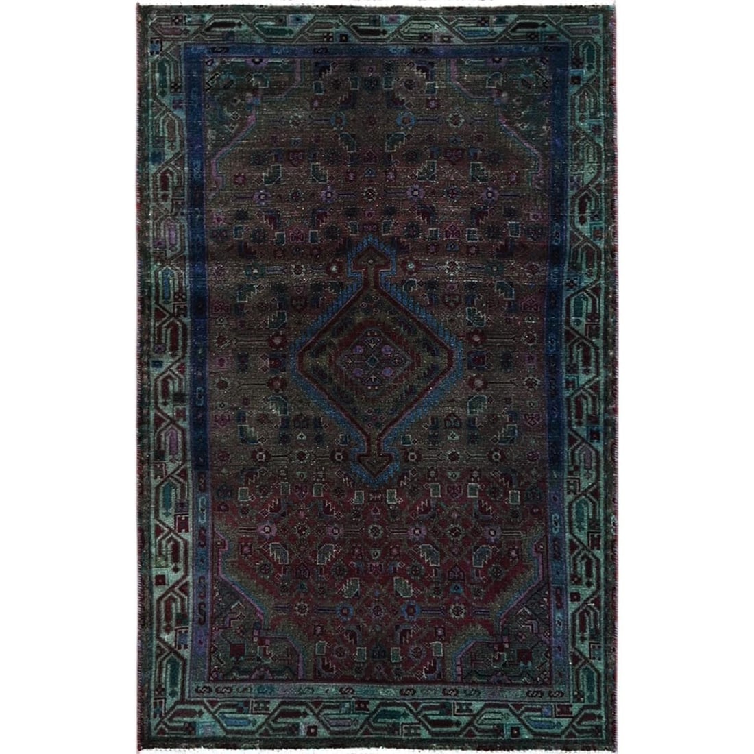 3'2"X5'1" Red Overdyed Vintage Zoroastrian Khamadan Hand Knotted Wool Rug: Style: Zoroastrian Type: Indoor Material: Wool Color: Red Item Length: 61 Item Width: 38 Rug Type: Hand Knotted Pile: Wool Shape: Rectangular Field Color: Red Size: 3"2" x 5"1" / 97 CM X 155 CM Age: 1