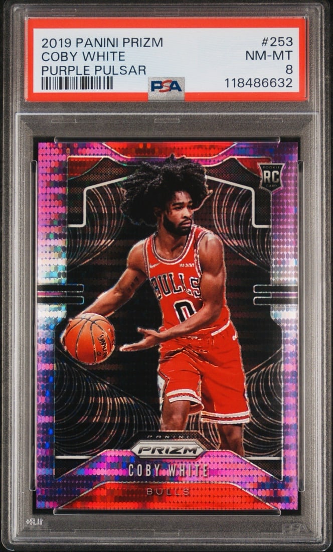2019 Panini Prizm Coby White #253 Purple Pulsar Rc /35 Psa 8: Card Size: Standard Autographed: No Set: 2019-20 Panini Prizm Print Run: /35 Player/Athlete: Coby White Original/Licensed Reprint: Original Type: Sports Trading Card Parallel/Variety: Purple Prizm Car