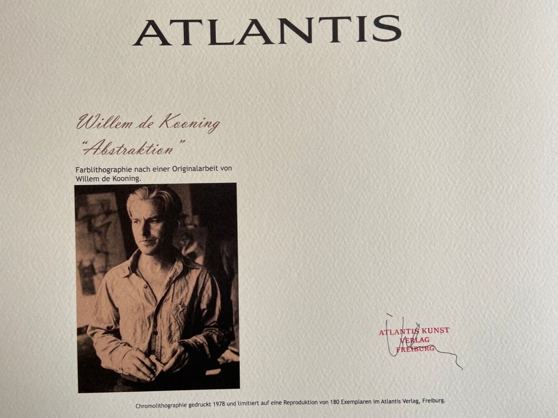 Willem De Kooning Lithograph Coa Signed Numbered -Jackson Pollock: Willem De Kooning "TO traction " Chromolithograph printed in 1978 and reproduced in 180 copies by Atlantis Verlag, Freiburg 32x40cm Signed Willem De Kooning on the plate Embossed stamp and authenticat