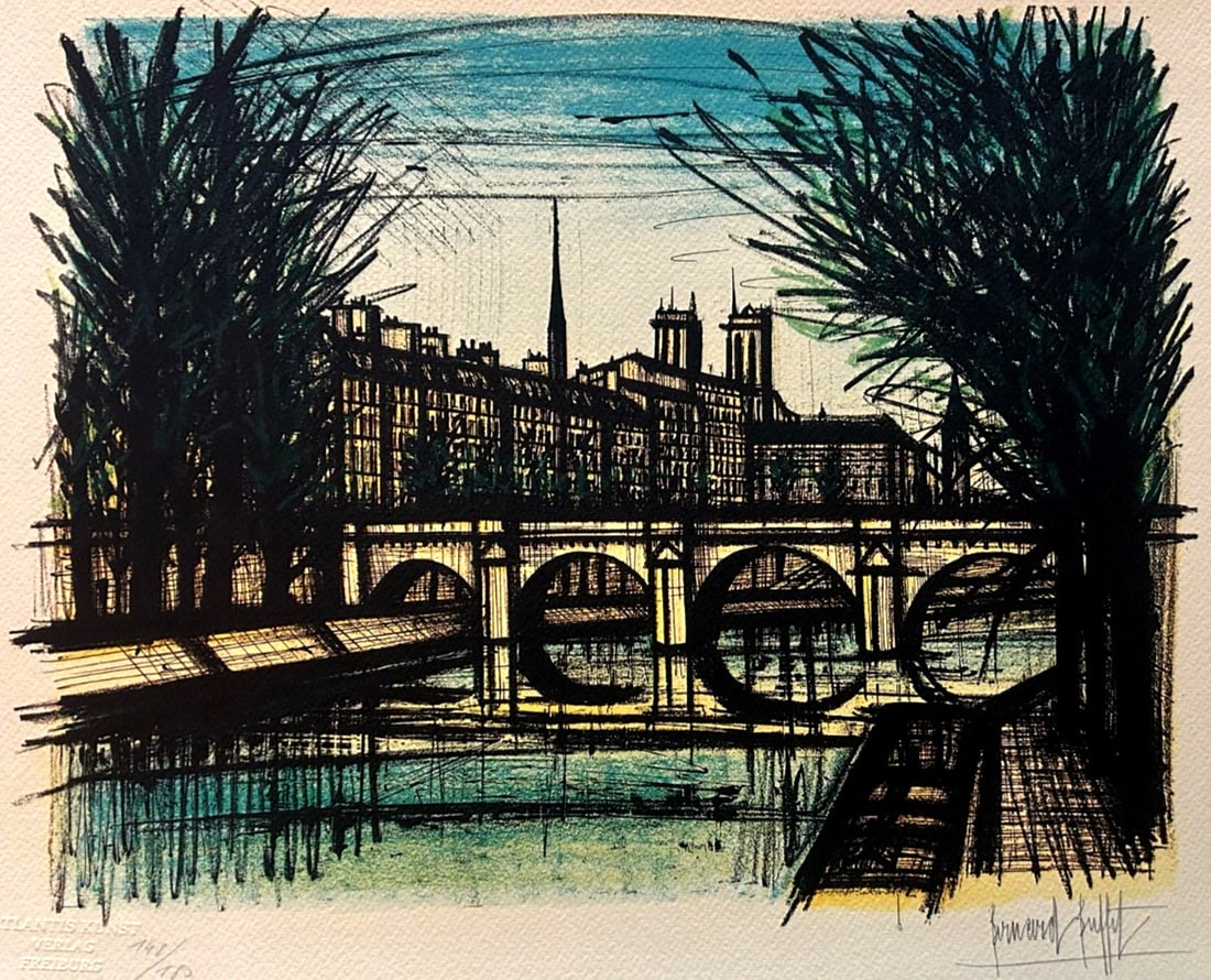Bernard Buffet Lithograph Certified Coa Signed Op With Numbered Pen And Pencil: Bernard Buffet Lithograph Certified COA Signed op Pen Numbered Pencil Bernard Buffet '' New bridge " Chromolithography printed in 1986 in 180 specimens by Atlantis Verlag, Freiburg 32 x 4o cm Signatur