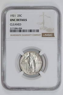 1921 Standing Liberty Quarter Ngc Unc Details: Certification: NGC Composition: Silver Grade: UNC Details Year: 1921 Circulated/Uncirculated: Unknown Km Number: Unknown Certification Number: 2171086-004 Denomination: Dollar Product Disclaimer: