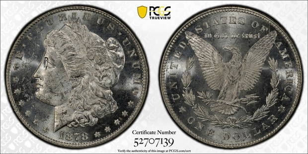 1878 7Tf R78 Morgan Dollar Pcgs Ms63 Looks Pl: Certification: PCGS Composition: Silver Grade: MS 63 Year: 1878 Circulated/Uncirculated: Uncirculated Mint Location: Philadelphia Km Number: Unknown Certification Number: 52707139 Denomination: