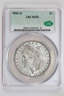 1892-O Morgan Dollar Cacg Au55: Certification: CAC Composition: Silver Grade: AU 55 Year: 1892 Circulated/Uncirculated: Unknown Mint Location: New Orleans Km Number: Unknown Certification Number: 634951079 Denomination: Dollar