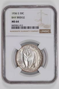 1936-S Bay Bridge Commemorative Half Dollar Ngc Ms64: Certification: NGC Composition: Silver Grade: MS 64 Year: 1936 Circulated/Uncirculated: Uncirculated Mint Location: San Francisco Km Number: Unknown Certification Number: 8405961-013 Denomination: