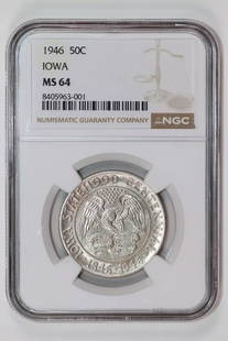 1946 Iowa Commemorative Half Dollar Ngc Ms64: Certification: NGC Composition: Silver Grade: MS 64 Year: 1946 Circulated/Uncirculated: Uncirculated Km Number: Unknown Certification Number: 8405963-001 Denomination: Dollar Product Disclaimer: