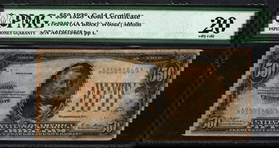 1928 $50 Gold Certificate Fr.2404 Woods Mellon Pmg Vf 20 (540A)