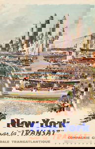 Albert Brenot New York 1950 Original Vintage Travel Poster Ship Empire State