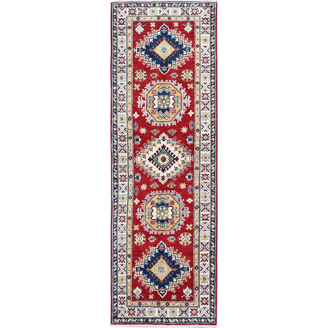 2'7"X8'1" Red Kazak With Tribal Design Hand Knotted Soft Wool Runner Rug: Style: Kazak Type: Indoor Material: Wool Color: Red Item Length: 97 Item Width: 31 Rug Type: Hand Knotted Pile: Wool Shape: Runner Field Color: Red Size: 2"7" x 8"1" / 79 CM X 246 CM Age: 2000-Now Bra